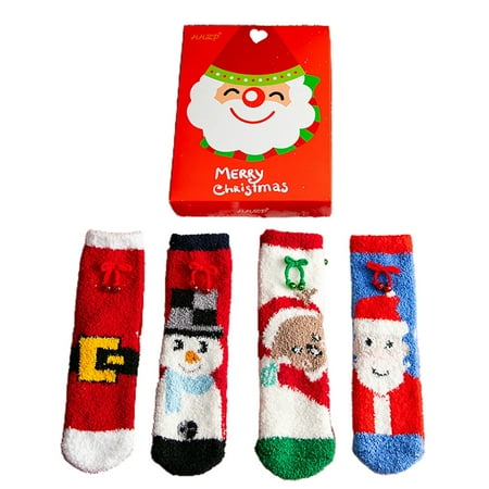 

4 Pairs Women Christmas Microfiber Fuzzy Slipper Socks Cartoon Santa Claus Tree Print Winter Thicken Cozy Warm Floor Sleeping Hosiery with Gift Box