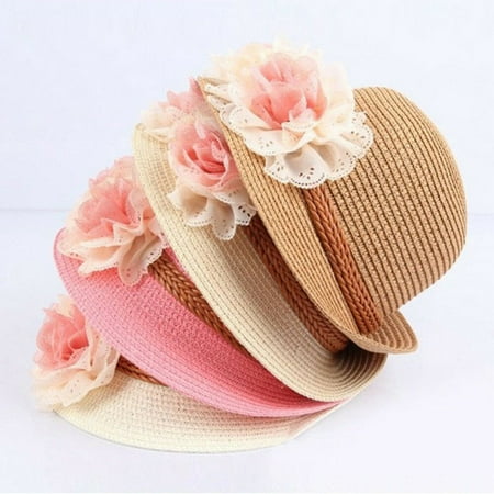  Baby Girl Wide Brim Trilby Straw Cap Sun Hat Beach Summer Floral Sunhat