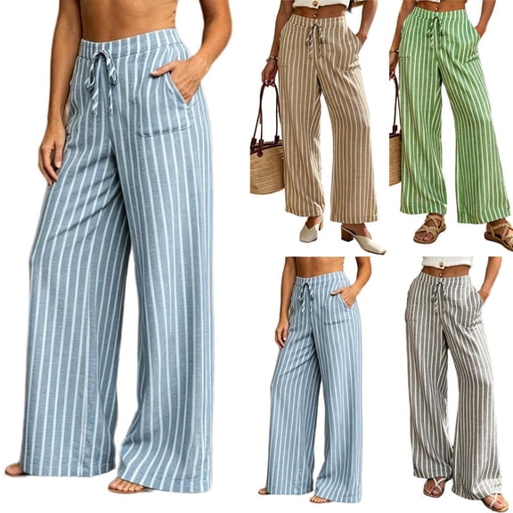 Ailaofu Women's Summer Striped Wide Leg Pants Drawstring Elastic Waist Casual Palazzo Trousers with Pockets Lightweight Loose Beach Pants for Vacation