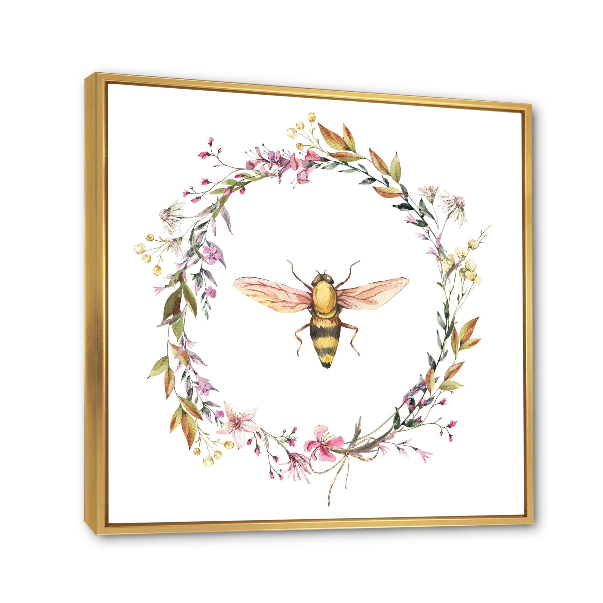 Designart 'Wildflowers Wreath and A Bee' Farmhouse Framed Canvas Wall Art Print