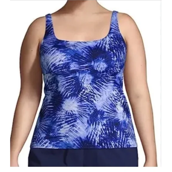 Lands End Flutter Tankini Womens Large 14-16 Swim Top Blue Tie Dye Swimwear