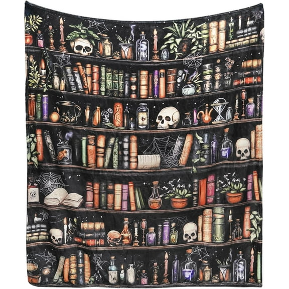 Halloween Goth Skull Bookshelf Throw Blanket for Book Lovers - Cozy Reading Gift for Bookworms, Readers, Librarians, Book Clubs - 60x50 Inch Bookish Decor