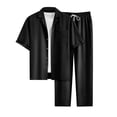 thumbnail image 2 of Lumtrix Men Summer Casual Short Sleeve Sets Solid Button Down Lapel Shirt Loose Elastic Pants with Pockets 2 Piece Outfits Beach Tracksuit Black M, 2 of 4