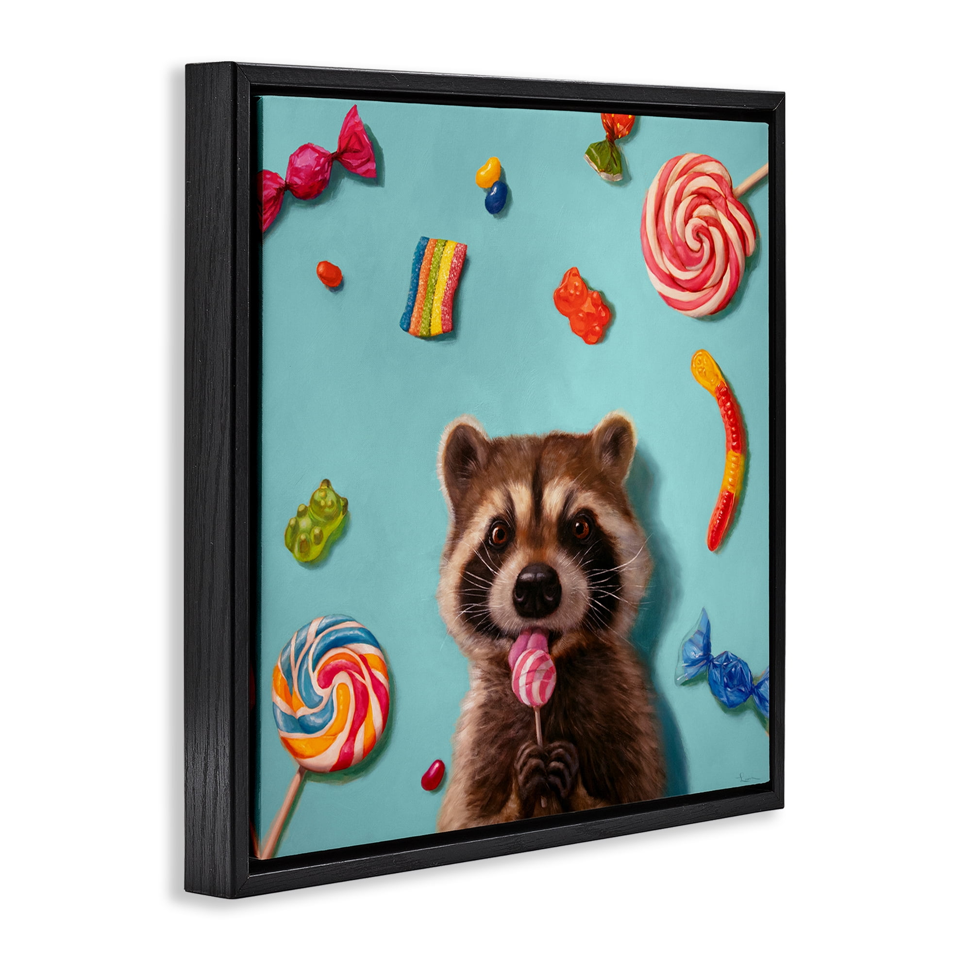Stupell Industries Raccoon & Sweets Candies Food & Beverage Painting Black Floater Framed Canvas Art Print Wall Art, 18 x 18