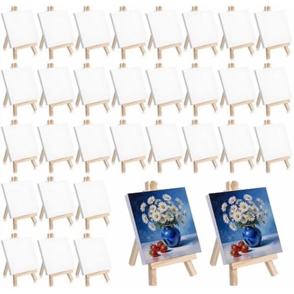32 Pack Mini Canvas with Easel 4 x 4 Inch Mini Canvases for Painting Small Painting Canvas with Wood Display Easel Art Canvases Paintings Kit for Kids Teenagers Acrylic Pouring Oil Water Color