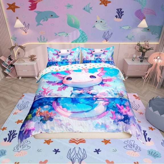 Erosebridal Kawaii Axolotl Comforter Cover Twin,Pink Blue Bedding Twin Size,Cartoon Animal Duvet Cover Twin,Super Cozy Teenager Bedroom Decor,Reversible,2-Piece(No Comforter)