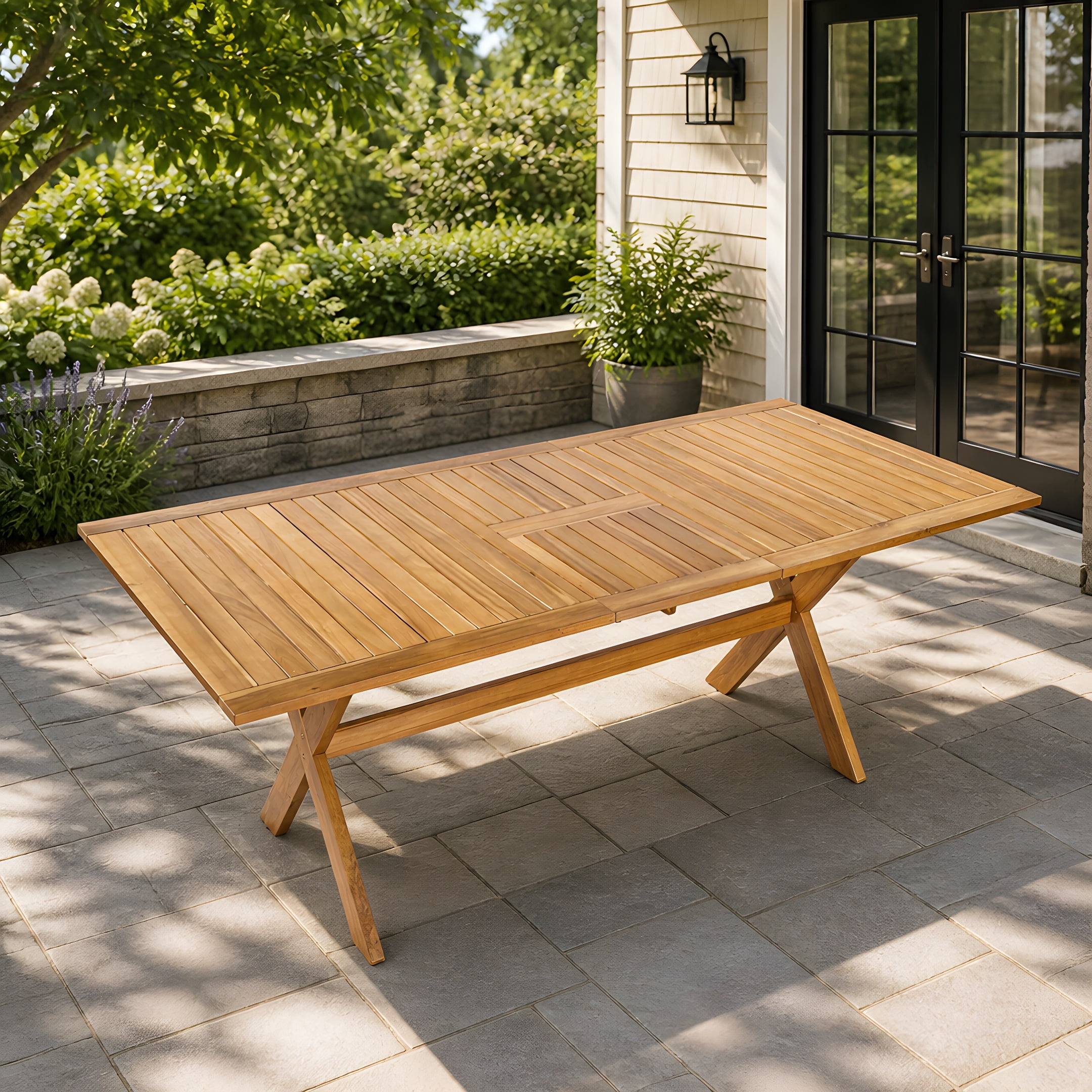 60"-76" Acacia Wood Outdoor Dining Table, Telescopic Table Ideal for Patio & Garden Gatherings