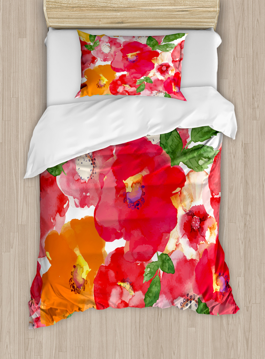 Flower Twin Size Duvet Cover Set, Watercolor Styled Effect Floral Theme