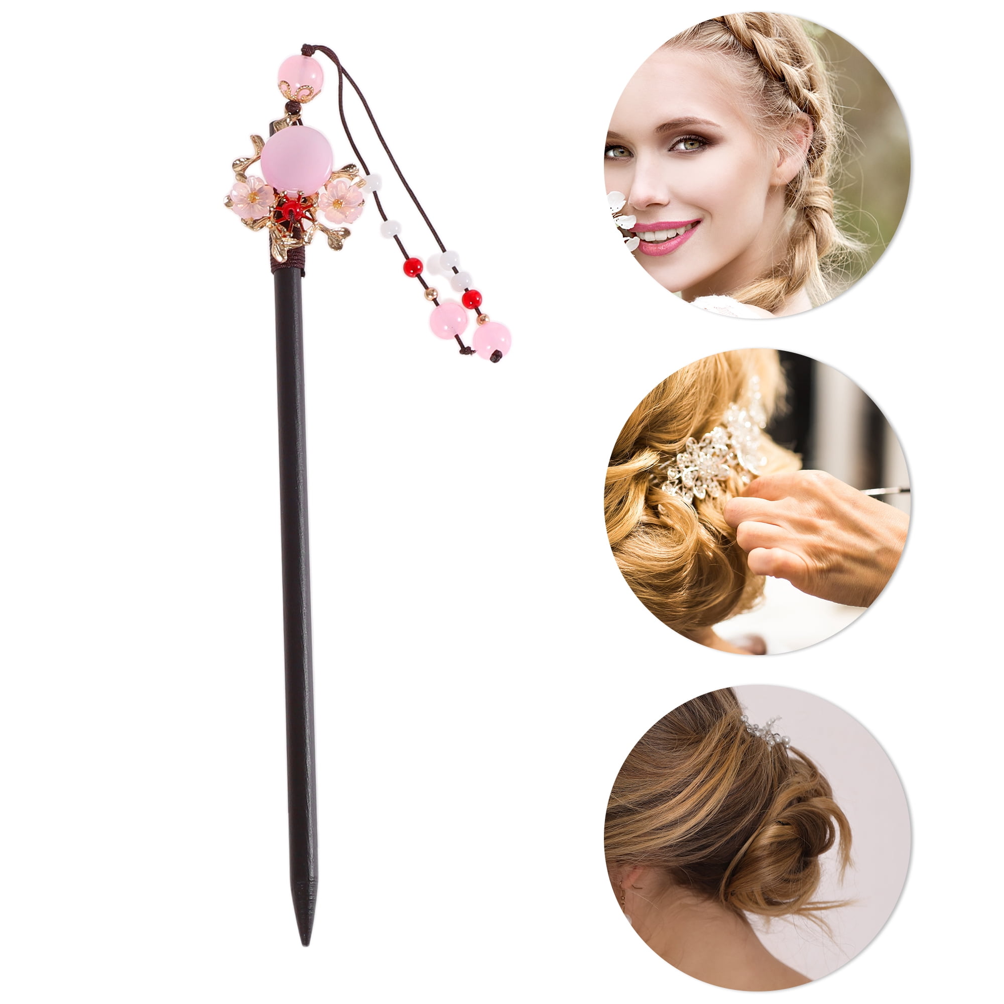 Unique Bargains Hair Chopstick for Women 1Pc Black, Pink, White [Flower Tassel] 2.36"