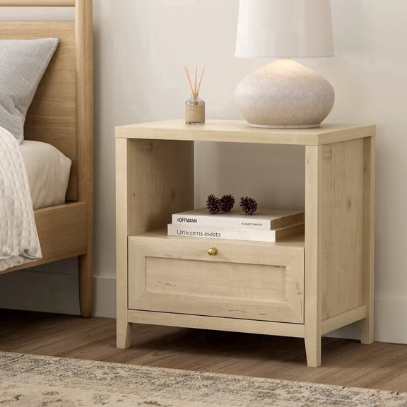 EYYTHUNG Farmhouse Nightstand with Drawer, Modern 24" Wide End Table for bederoom, Night Stands with Open Shelf, Mid Century Large Bedside Table, Light Oak
