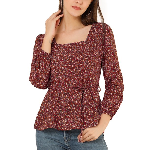 Blusa Allegra K de Cintura con Cinturón Y Estampado floral para mujer cuello cuadrado rojo M
