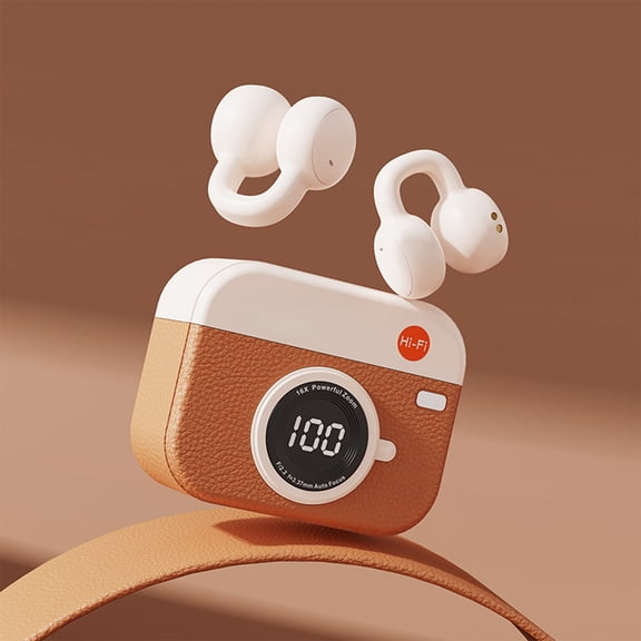 Clip On Bluetooth Earbuds Vintage Wireless Headphones with Bluetooth 5.4, Lightweight Semi In Ear Sport Earphones with Long Battery Life and Retro Camera Design