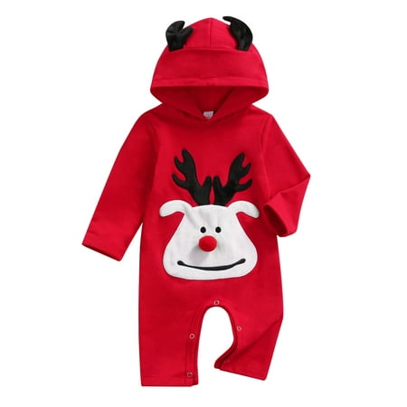 

Sunisery Infant Baby Girls Boys Christmas Romper Elk Print Long Sleeve 3D Ears Hooded Jumpsuit Autumn Outfit Red 12-18 Months