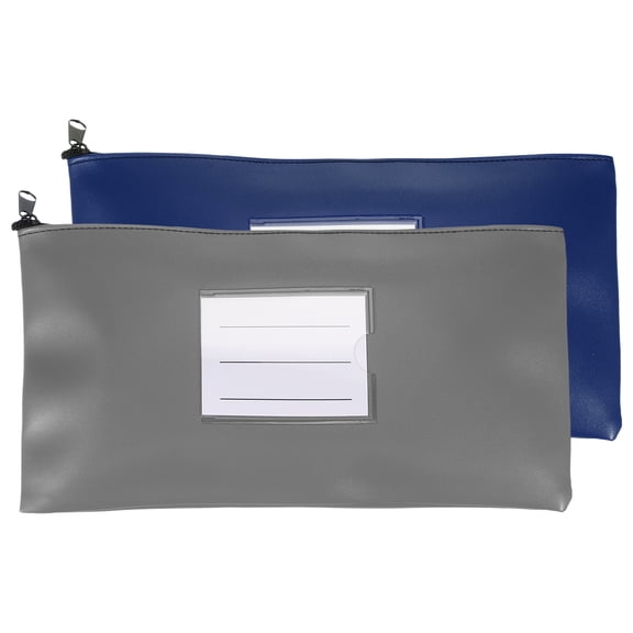 11x6 Inch Money Bags with Zipper, 2Pcs PU Leather Cash Deposit Bank Pouch Envelopes Check Wallet for Coin Cosmetics Invioce Bill, Blue/Gray