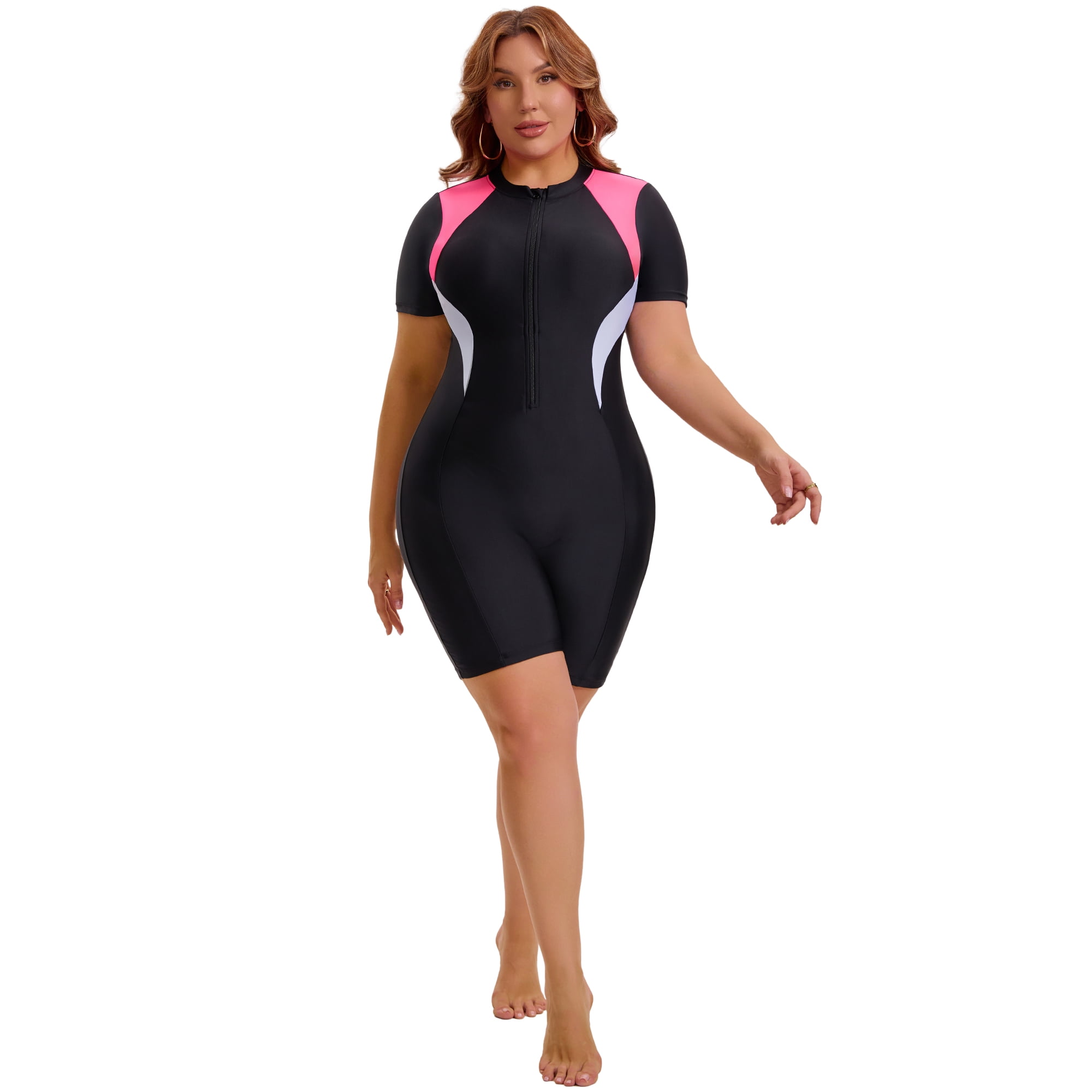 DARING DIVA Women's Plus 1pc Bathing Suit with Short Sleeves and Zipper 3X Pink