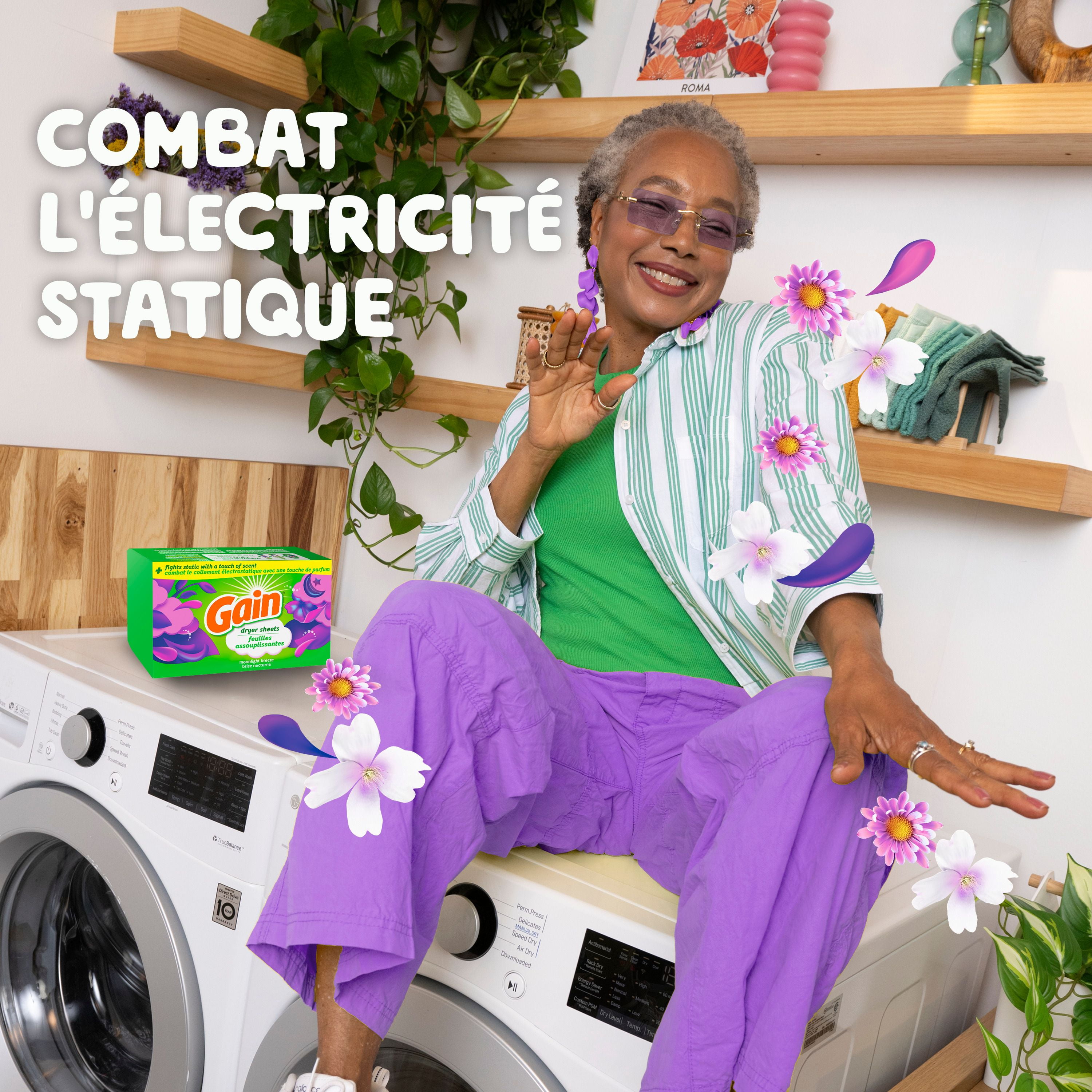 Feuilles assouplissantes Gain, combat le collement électrostatique avec un soupçon de parfum, feuilles pour la lessive, parfum Brise nocturne 200CT