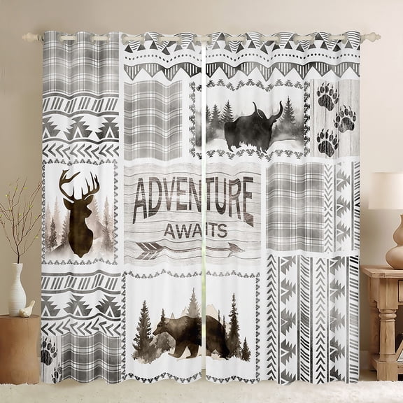 Manfei Safari Moose Black Out Curtains,Rustic Adventure Game Curtains Pack of 2 (42x63 Each),Gray White Plaid Bedroom Curtains For Boys Teens,Microfiber Bedroom Decor
