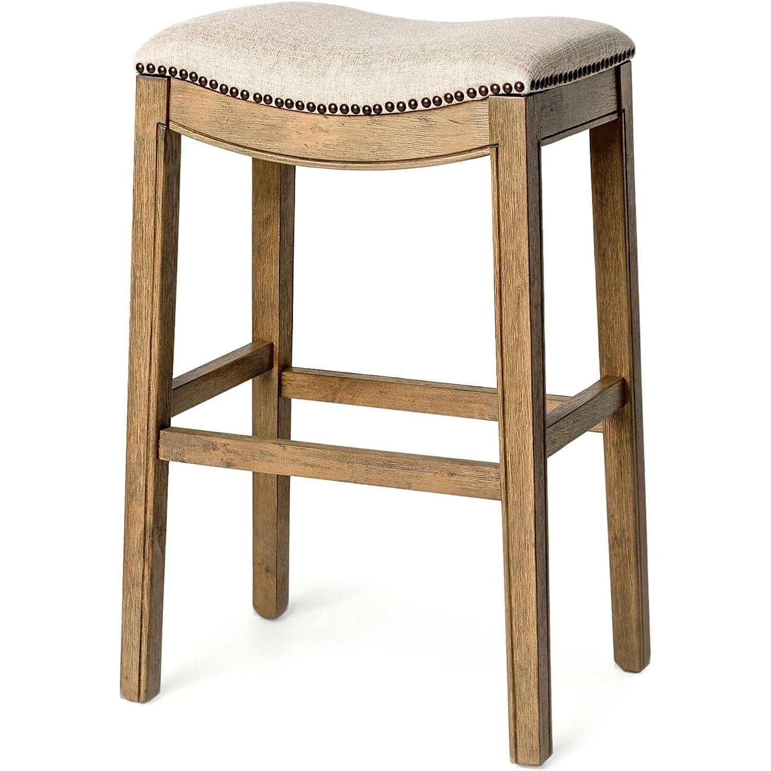 Natural Wood and Metal Backless Saddle Bar Stool