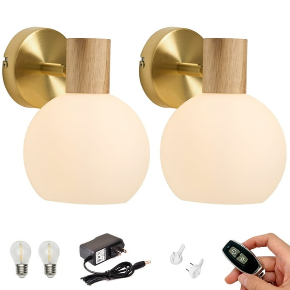 Kiven Battery Operated Wall Lamp,Modern Rechargeable Wall Sconces with Glass Lampshade, E26 Socket Warm White Bulb Included(Set of 2)