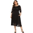 thumbnail image 4 of Vestido de noche de talla grande para mujer, falda de largo medio con mangas 2/3 y encaje floral vintage, vestido con bolsillos de encaje ahuecados (negro), XL, 4 of 5