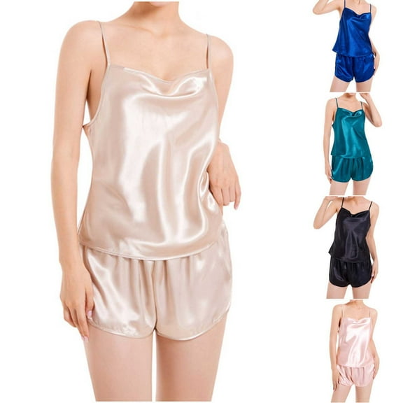 Ahuyic Womens Summer Plus Size Pajamas, Womens Casual Homewear Pajamas Set,Womens Solid Color Tank Top And Shorts Pajamas Home Suit Round Neck Pajamas Suit