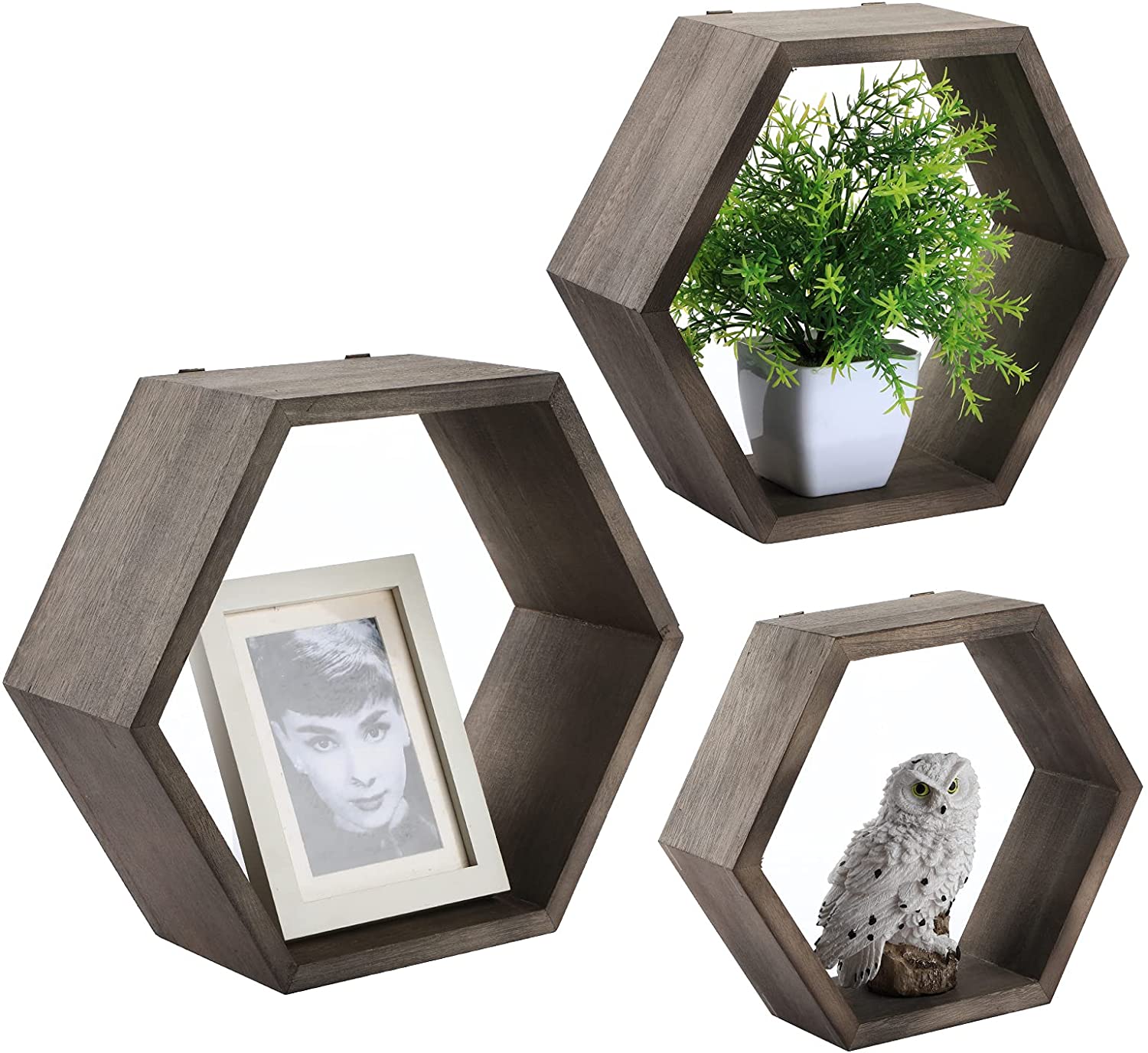 3 Pieces Hexagonal Floating Shelve Wall Mounted Wood Hexagon Shelves