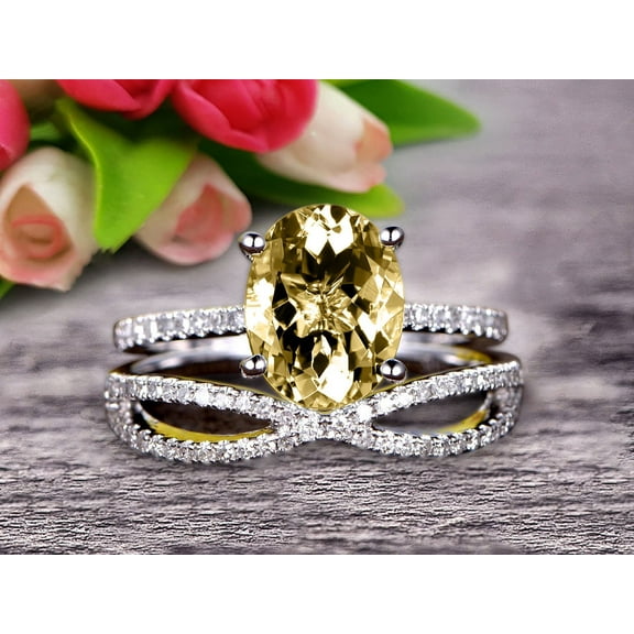 2.5 Carat 8x6mm Oval Shape Champagne Diamond Moissanite Engagement Ring Bridal Ring 10k White Gold Curved Loop Infinity Matching Band