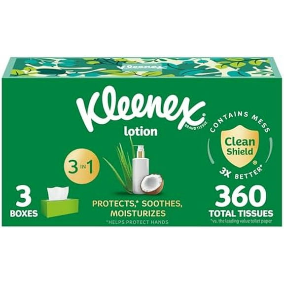 Kleenex Lotion Facial Tissues with Coconut Oil, 3 Flat Boxes, 120 Tissues Per Box, 3-Ply