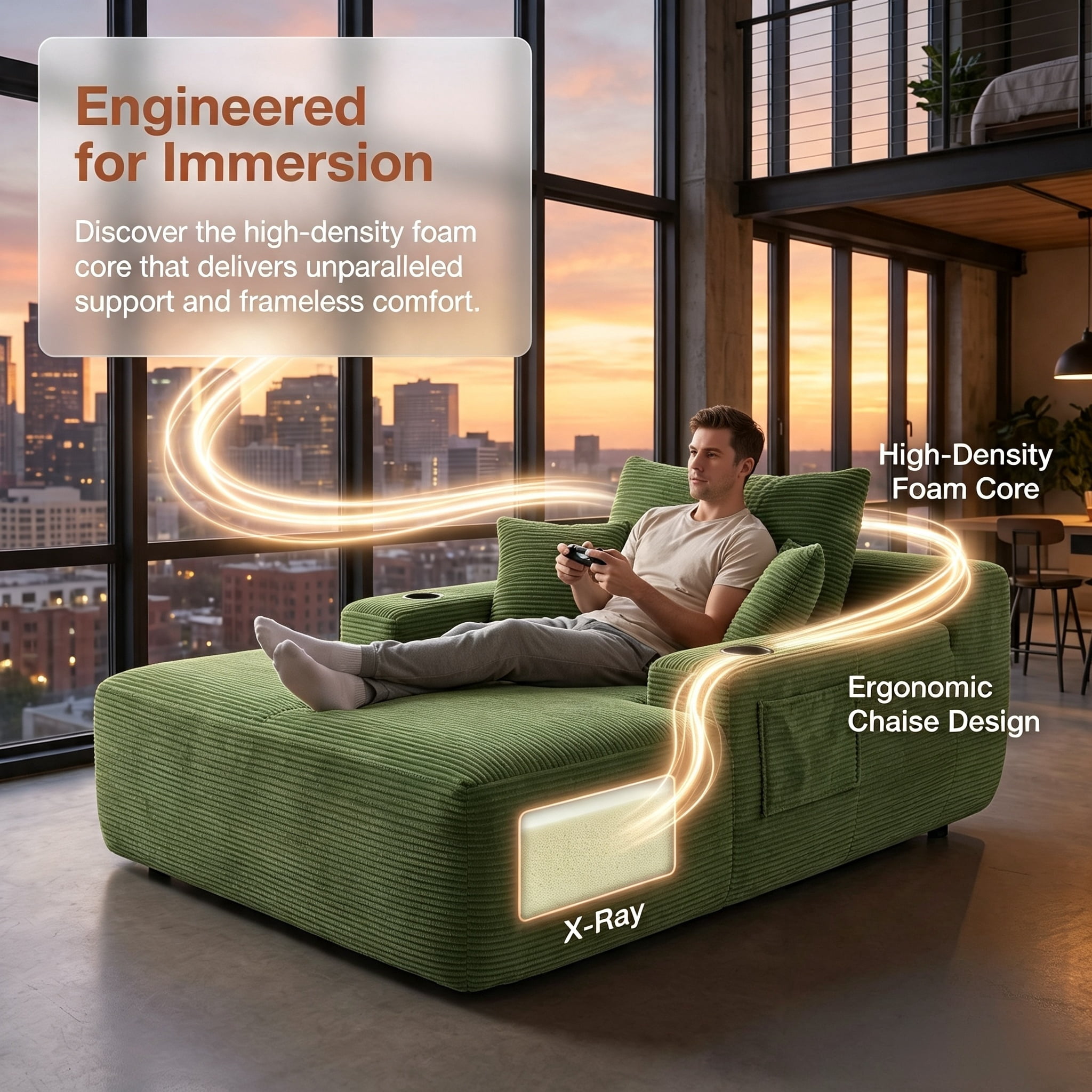 ShiKeyi 65'' Chaise Lounge Chair Indoor, Boneless Sofa Cloud, Plush Corduroy Chaise Couch with Cup Holders, Side Storage Pocket & Pillows, No Assembly Required, Green