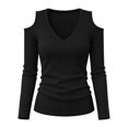 thumbnail image 4 of Cold Shoulder Ribbed Top for Women Long Sleeve Slim Fit Deep V Neck Fitted Knit Shirt Fall Versatile Comfy Casual Basic Blouse Black XL, 4 of 7