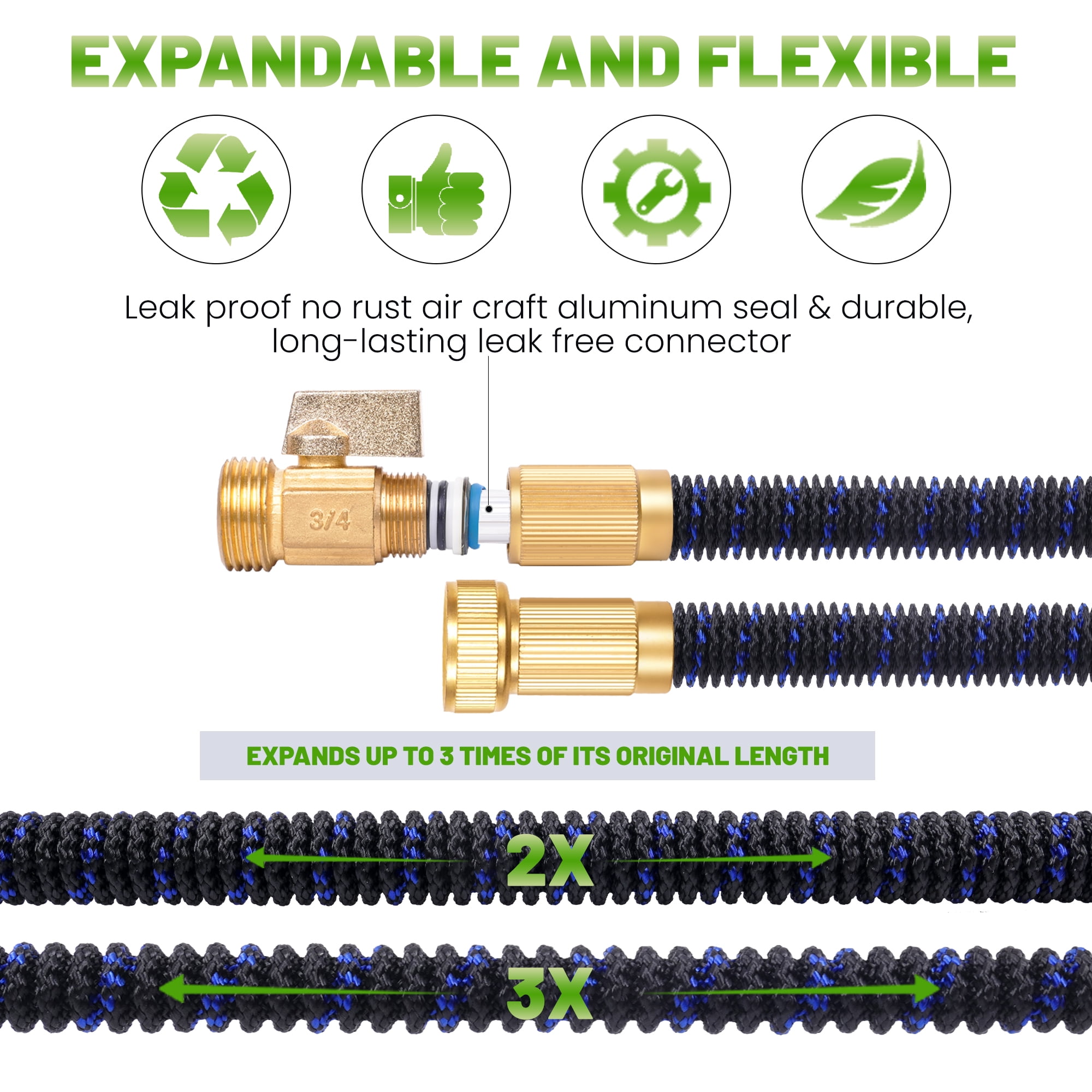 2024 Upgrade 50ft Expandable Garden Hose,Flexible Water Hose with 10 Function Spray Nozzle, Extra Strength 3750D,Car Wash Hose with 3/4" Solid Brass Connector Blue