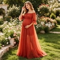 thumbnail image 4 of Karymi Off Shoulder Short Puff Sleeve Maternity Tulle Maxi Gown, Flowy Chiffon Tulle Split Pregnancy Dress, Formal Photography Long Dress Maxi Dresses for Women, 4 of 8