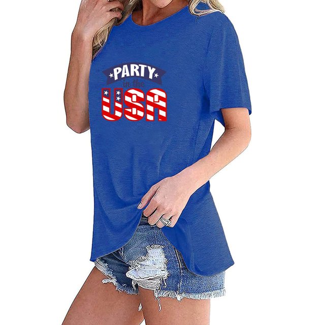 Fiudx Camisas para Mujer Camiseta de Manga Corta con Cuello Redondo y Estampado de Bandera de Moda para Mujer