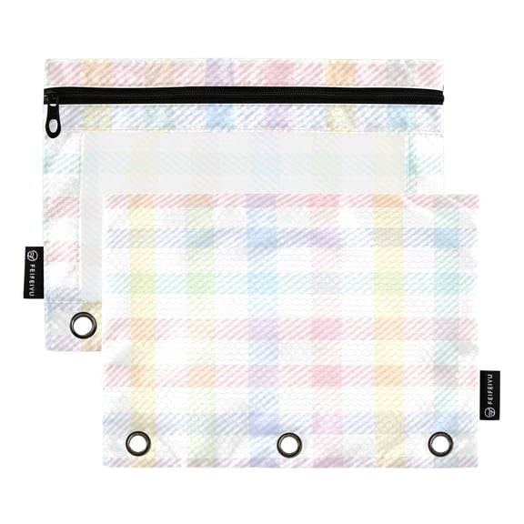 2 Pack 3 Ring Binder Pouch with Clear PVC Window Water Resistant Zipper Pencil Pouch Sweet Pastel Plaid Pattern Binder Pocket for Classroom Office Home Stationery Organization
