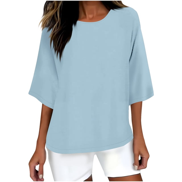 Liquidation d'Été Staron Hauts d'Été pour Femmes Col Rond Coton Lin Grande Taille T-Shirts Été Manches 3/4 Tunique de Travail
