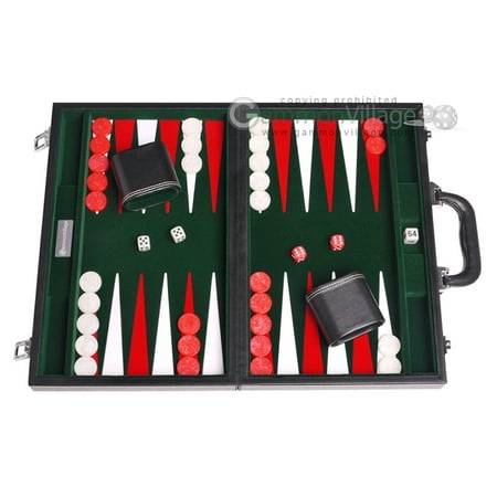 15-inch Leatherette Backgammon Set - Inlaid Velvet Field - Black/Green