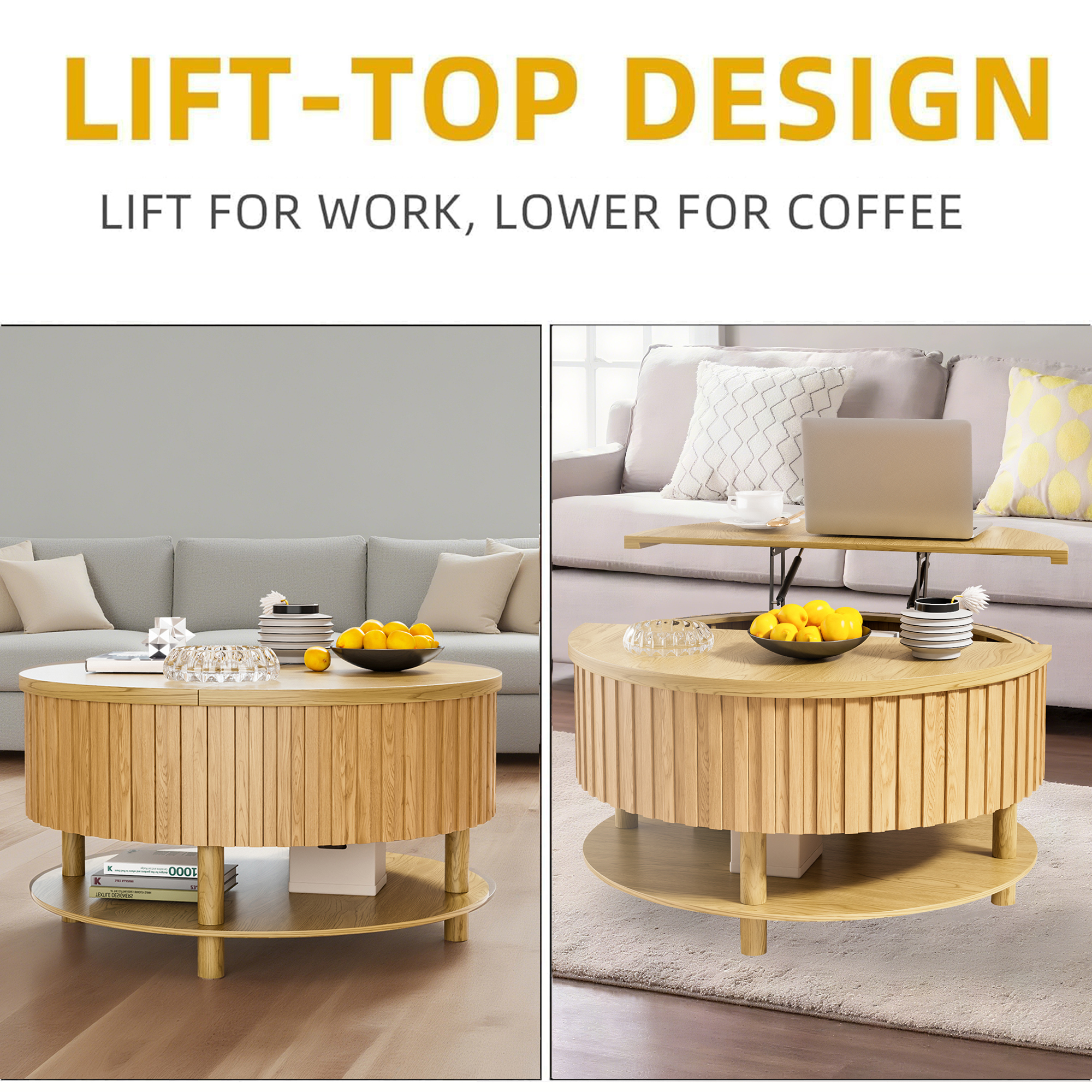 Round Lift Top Coffee Table with Storage, 2-Tier Center Table with Hidden Compartment, Circle Coffee Table with Open Shelf for Living Room, Wood Color
