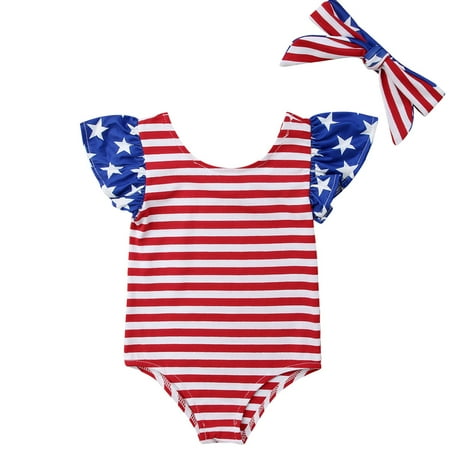 

Infant Baby Girls 4th Of July Outfits Short Sleeve Stripes Romper With Headband