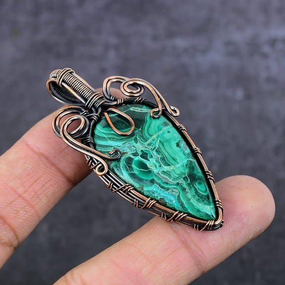 Malachite Gemstone Handmade Copper Wire Wrap Jewelry Pendant 2.48"