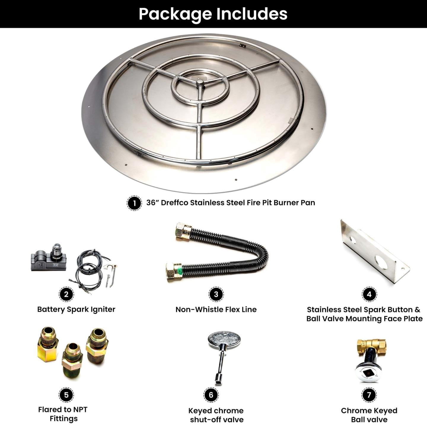 Dreffco Stainless Steel Fire Pit Burner Pan & Ring Standard Kit with Spark Ignition for Natural Gas, 30-Inch Pan, 24-Inch Ring, 150,000 BTU Max