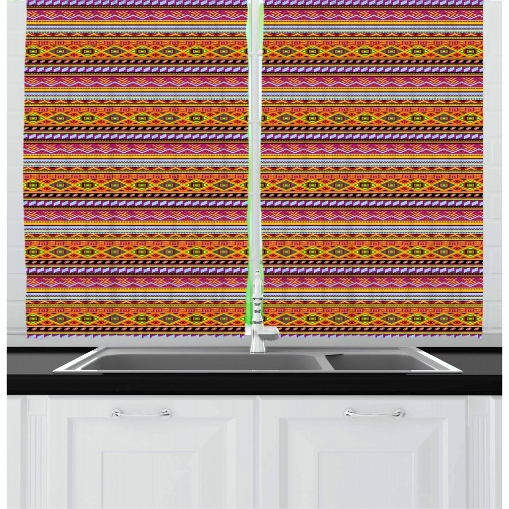 Mexican Curtains 2 Panels Set, Folkloric Old Vintage Ornament Design