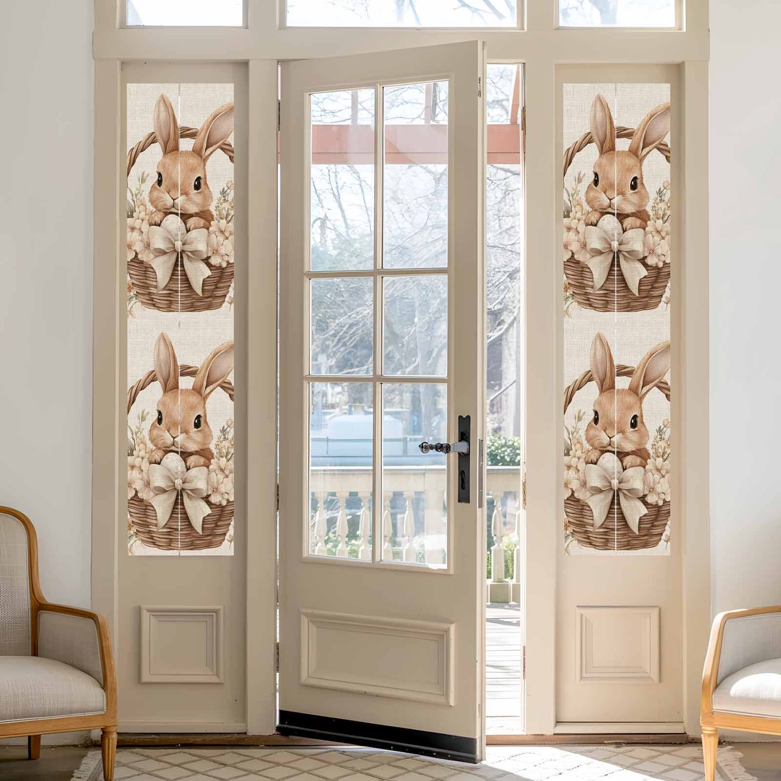 Easter Basket Rabbit Window Privacy Film, Vintage Bowknot Egg Spring Floral Leaf Linen Texture Frosted Glass Window Clings Static Cling Heat Blocking Reusable Door Sticker for Bedroom 23.6x78.7 Inch