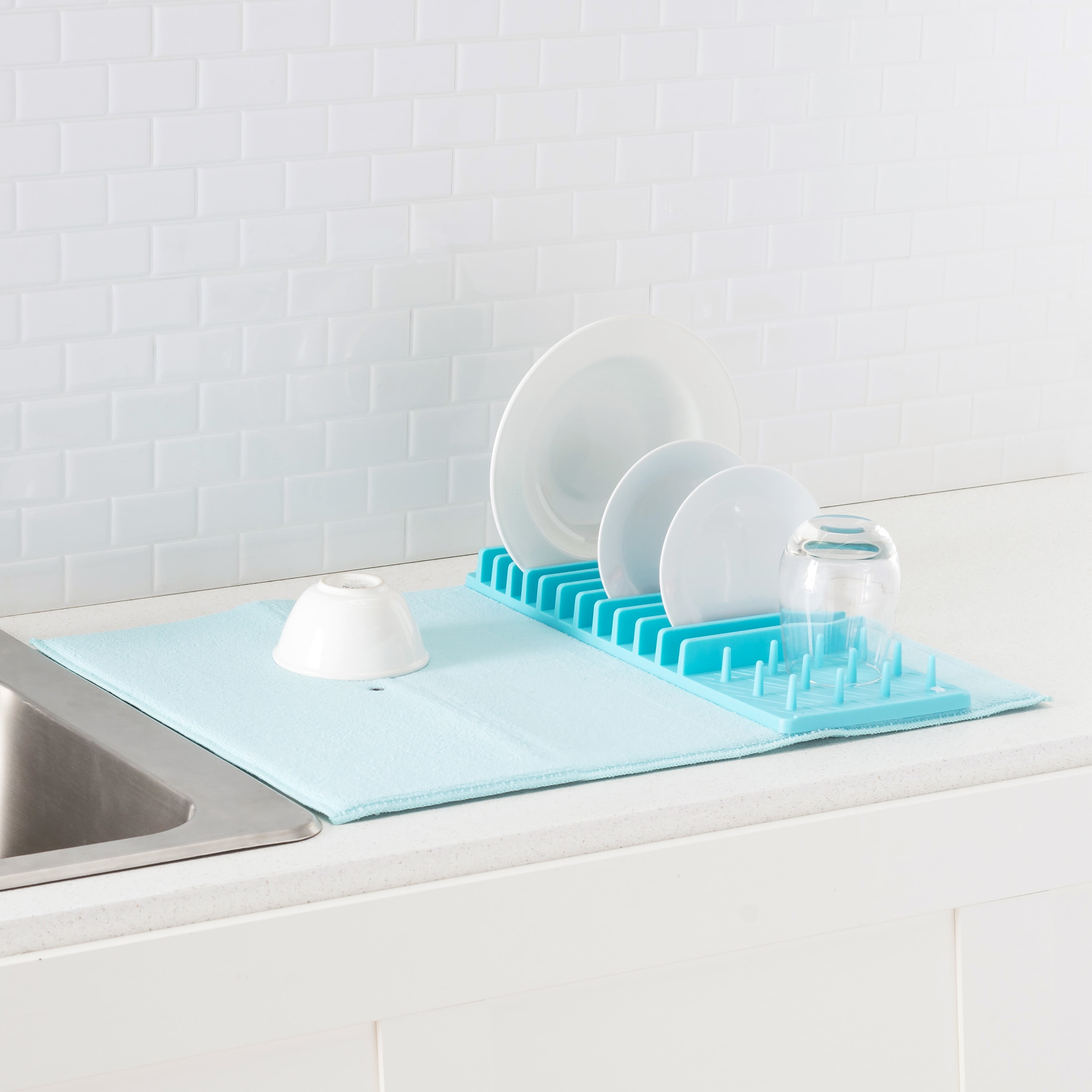 Low Profile Plastic Dish Drying Rack with Buttoned Micro Fiber Drying