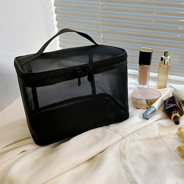 Xihbxyly Neceser de Malla Negra, Diseño de Doble Capa, Organizador de Viaje Fácil, Nailon, Asa Portátil, Gancho para Baño, Gran Capacidad, para Guardar Maquillaje Diario y Artículos de Aseo Personal,