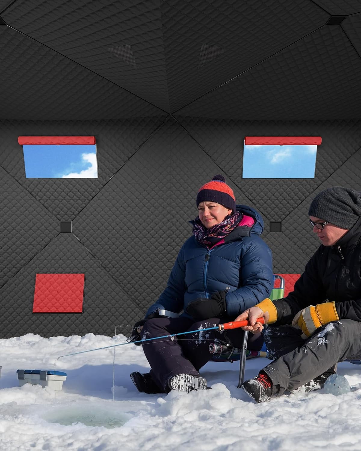 Lumiparty Pop Up Ice Fishing Tent Fully Insulated, Portable 6-8 Person Ice Fishing Shelter, Waterproof Oxford Fabric, Winter Windproof Hut Snow Hub with Anchors, Ropes & Carry Bag, Red & Black