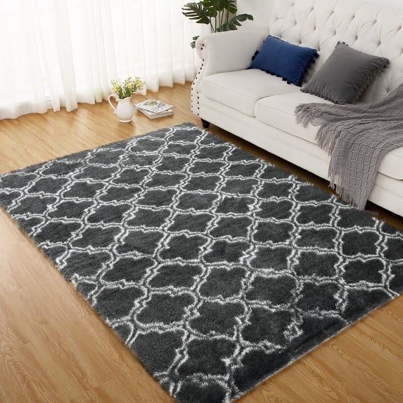 FairOnly 8'x10'Washable Silk Wool Geometric Area Rug for Bedroom Non Slip Ultra Soft Modern Indoor Rug for Living Room Dining Room,Dark Grey