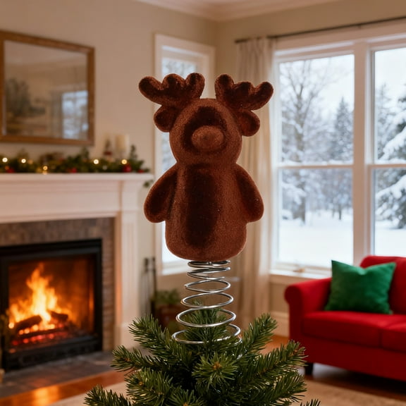 Dserhfy Christmas Reindeer Tree Topper 3D Flocking Elk Christmas Treetop Ornament for Indoor Home Christmas Tree Decor