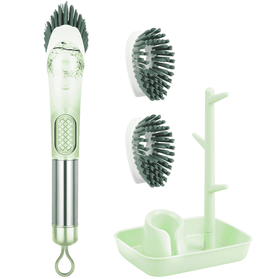 BCOOSS Dish Brush with Soap Dispenser Set Kitchen Scrub Brush with 3 Replacement Heads and Holder for Cleaning Pot Pan Sink (Green)