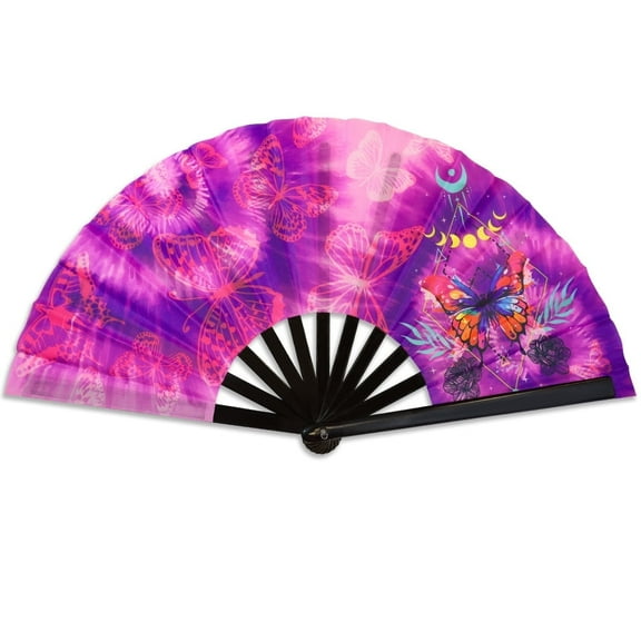 Butterfly Tie Dye Blacklight Large Hand Fan – Folding Fan for Raves, Parties, Costumes, Cosplay & Fashion