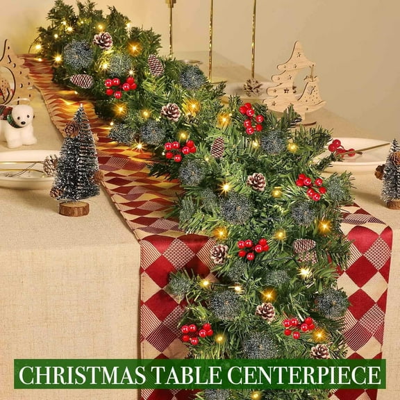 Timer- 9Ft by 10 Inch Prelit Christmas Garland Decoration with 50 Warm White LED Battery Operated Lighted Garland, 200 Branches 20 Canyon Pine Berry Pinecone, Xmas Stair Home Fireplace Outdoor Indoor